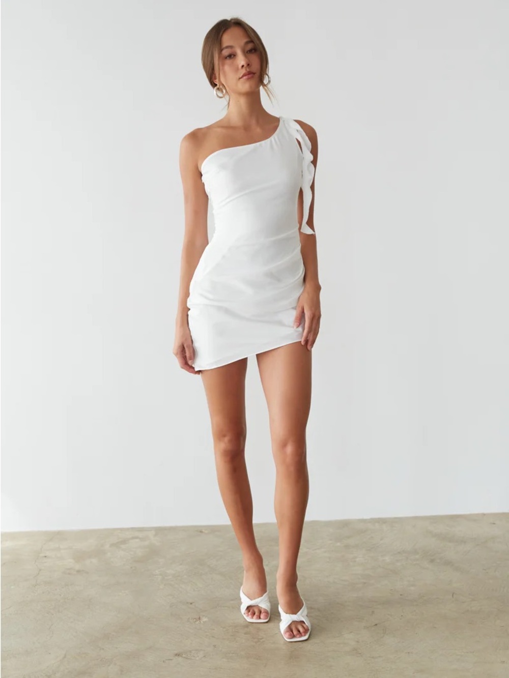 One-Shoulder White Mini Dress with Ruffle Detail - Picture 4 of 4
